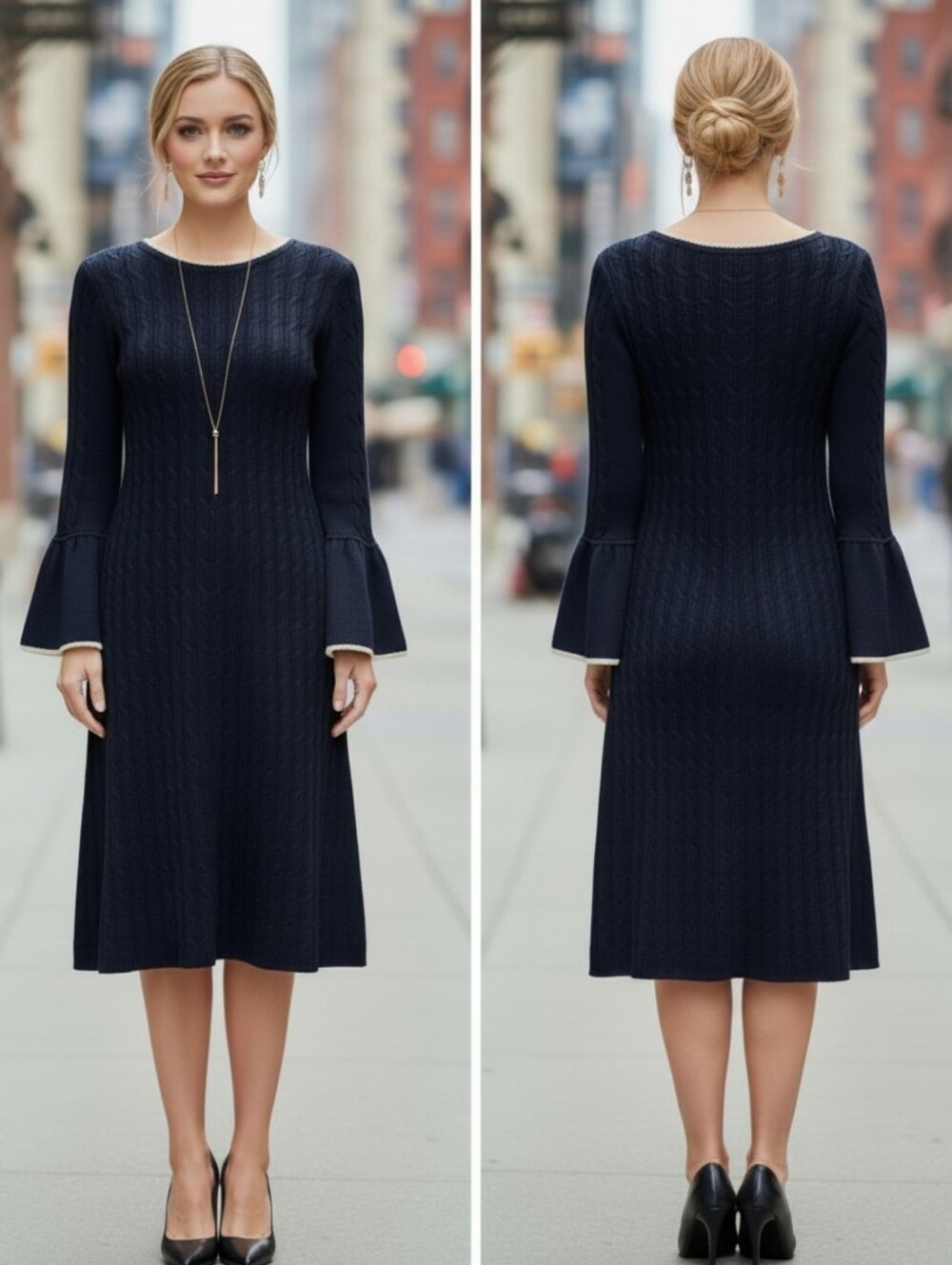 Calvin Klein Cable Knit Bell Sleeve Sweater Dress Black Contrast Trim Size L EUC